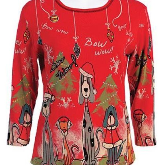 Christmas Pups Bow Wow Bling NEW Jess & Jane Ladies SMALL Red 3/4 Sleeve V-Neck - Picture 2 of 3